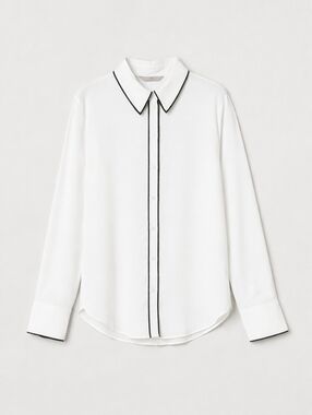 H&M Ivory Blouse Black Trim Contrast Button Front Long Sleeve Size 12